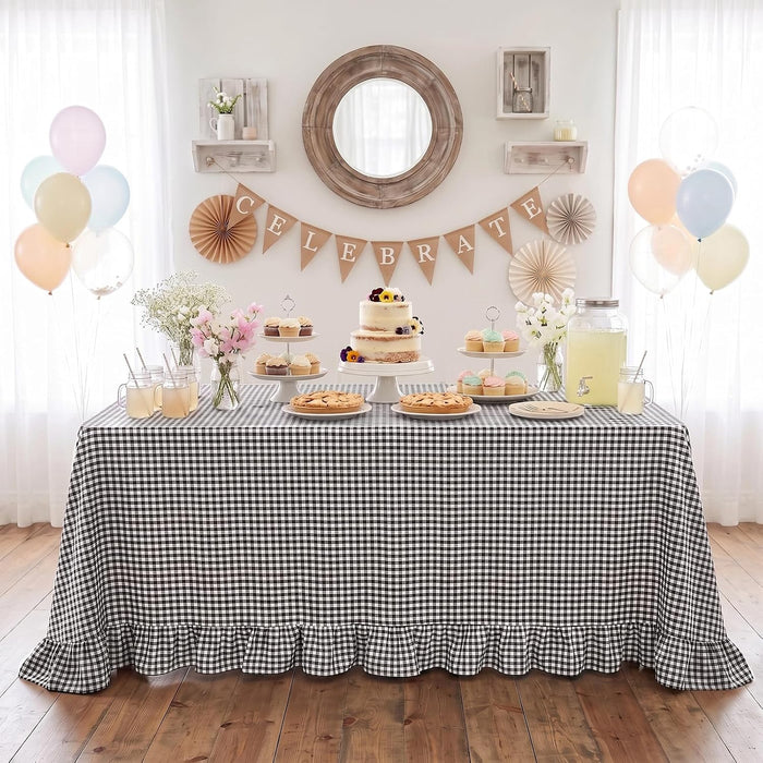 PartyDelight Gingham Ruffle Tablecloth Black White Checkered Rectangular Washed Cotton Table Cover for Modern Farmhouse Kitchen Decor Halloween Cottagecore Classic Holiday(60x102 Fits 6-9 Seats)
