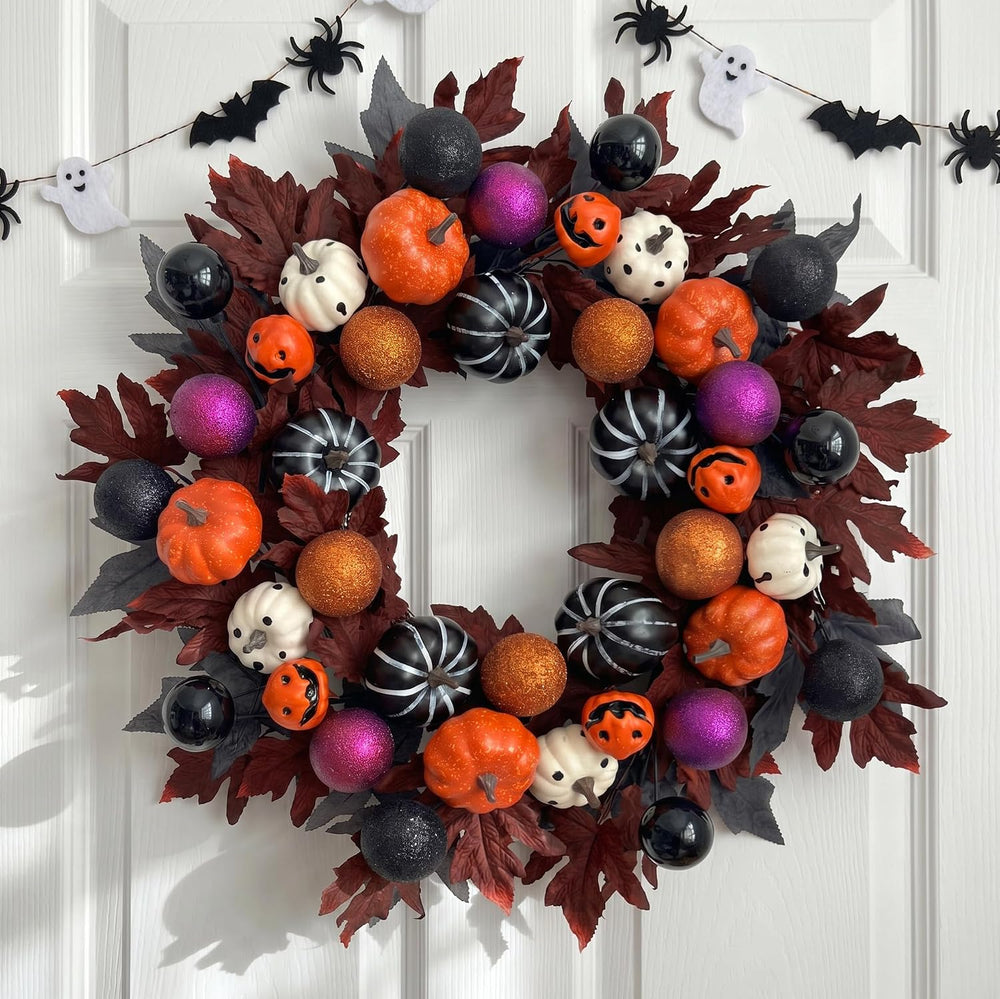 Halloween Ball Wreath for Front Door, 24" Pumpkin Fall Door Wreath