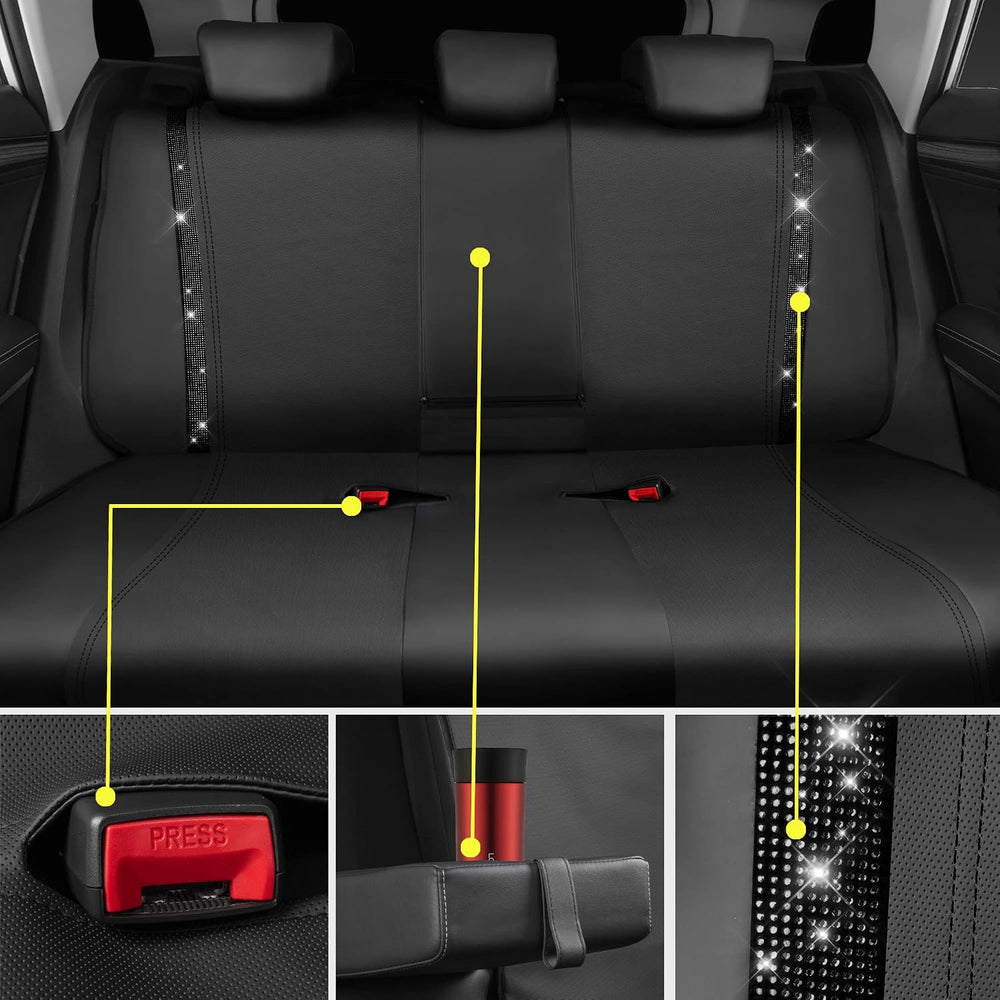 CAR PASS Leather Bling Diamond Car Seat Covers Full Set, Shining Rhinestone W...