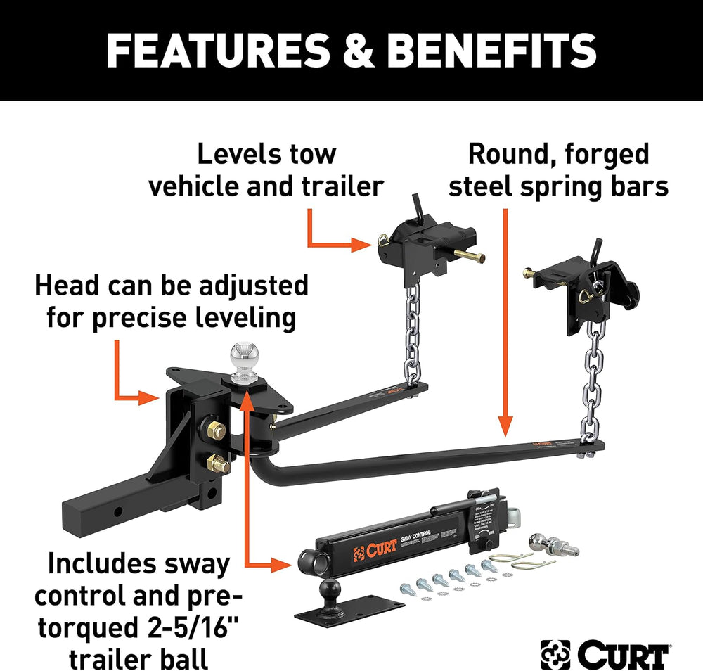 CURT 17063 Round Bar Weight Distribution Hitch with Sway Control, 14,000 lb