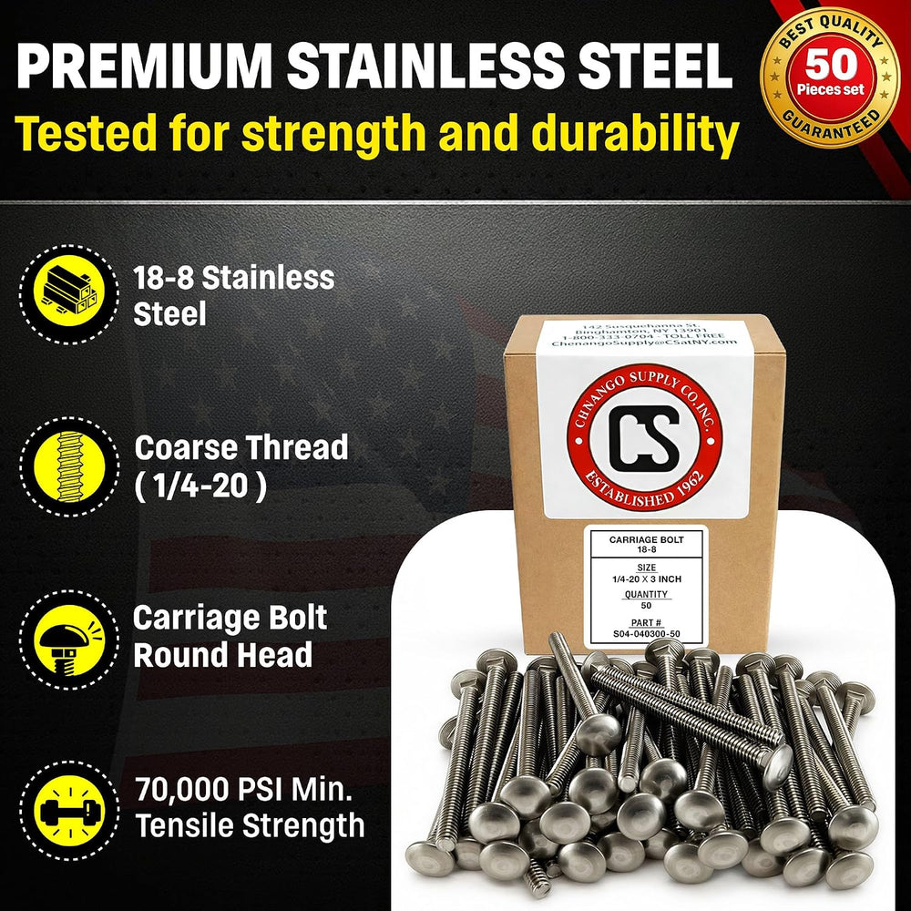 Chenango Supply 1/4-20 x 3 Stainless Steel Carriage Bolts