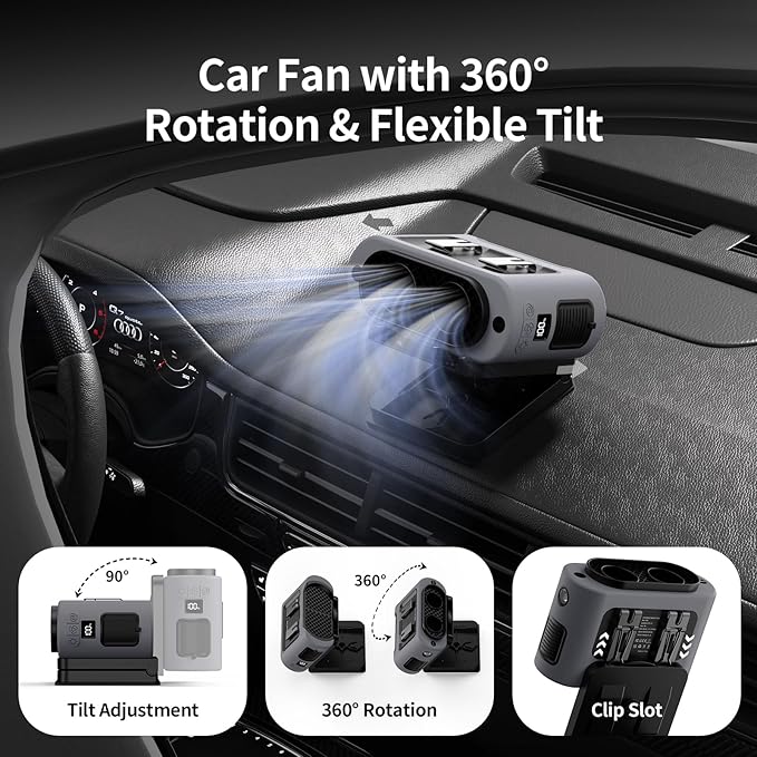 Socool Portable Car Fan - 14500mAh Rechargeable Battery Opearated