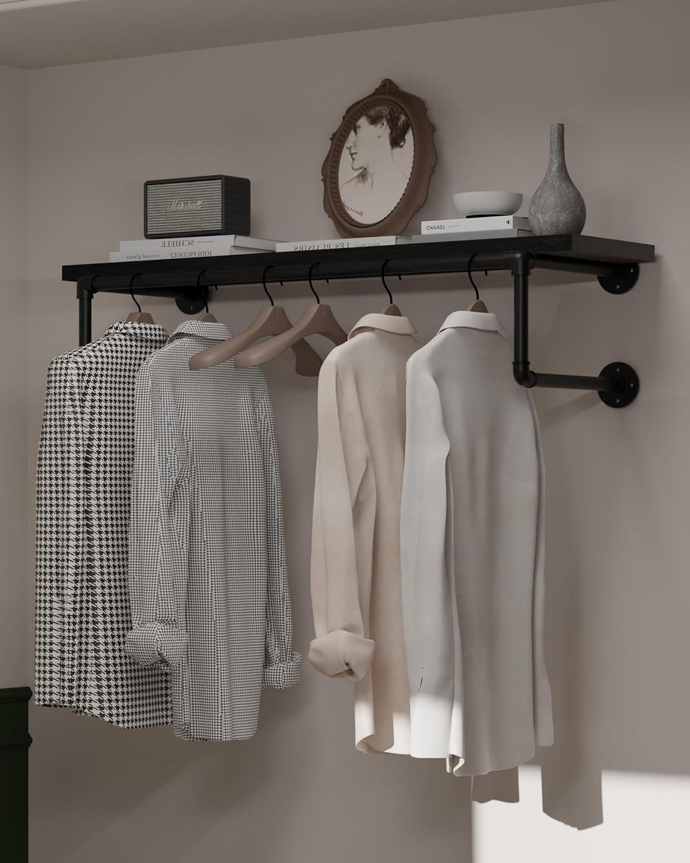 Clothes Rack 36in, Wall Mounted Garment Racks with Real Black Wood Shelf, Hea...