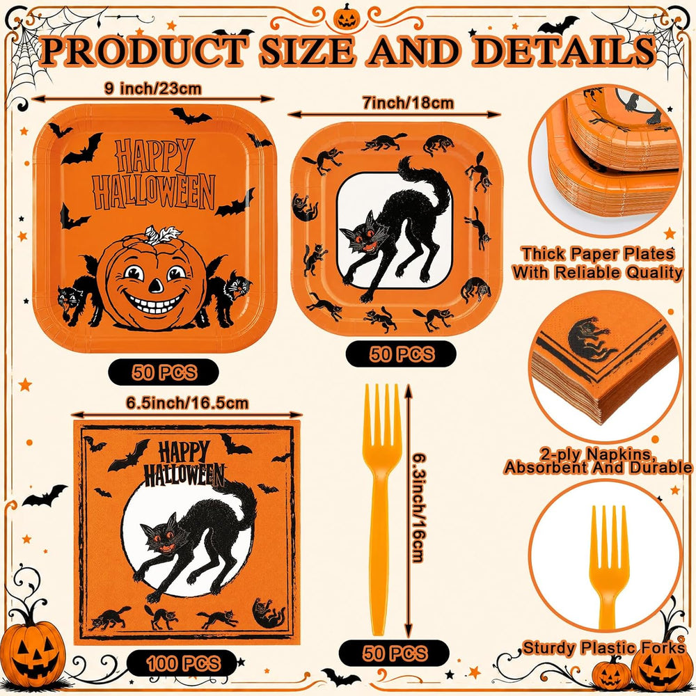 Rtteri 250 Pcs Vintage Halloween Plates and Napkins Set Serves 50