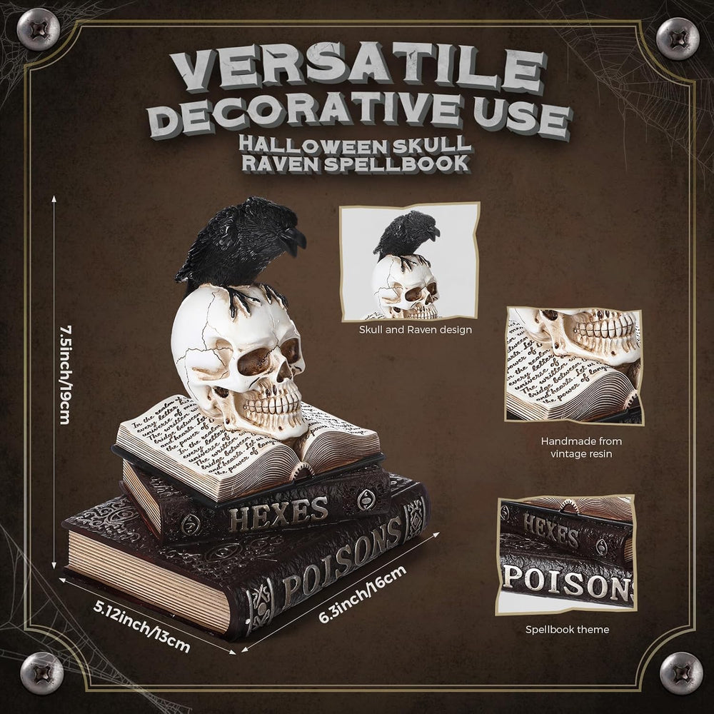 Canchiing Halloween Witch Spellbook Decor Skull Raven Mantel Tabletop Decor
