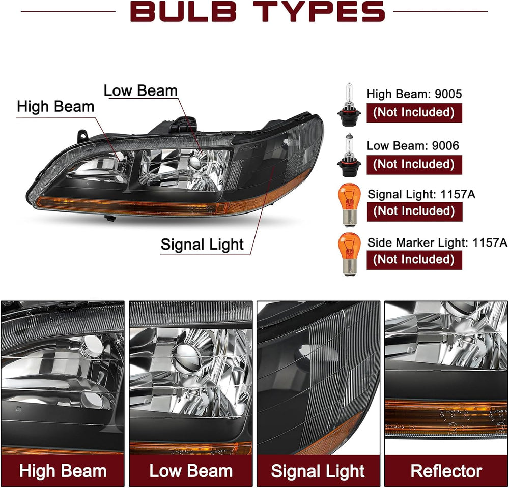 JSBOYAT Headlight Assembly Replacement for 1998-2002 Honda Accord Black Housi...