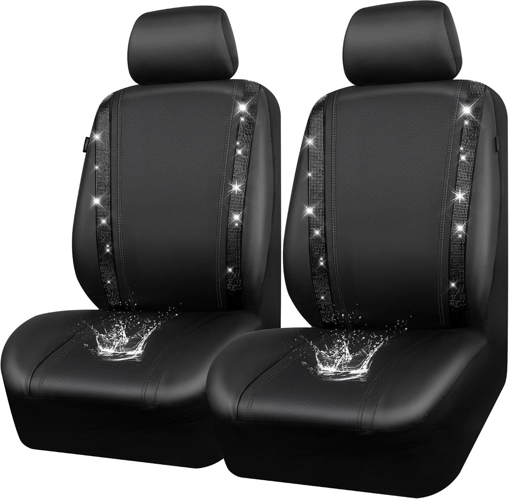 CAR PASS Leather Bling Diamond Car Seat Covers 2 Front Interior Sets, Waterpr...