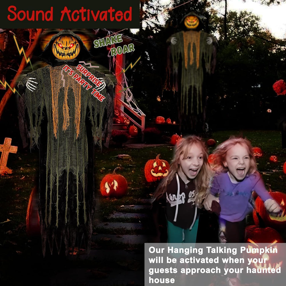 59” Halloween Hanging Animatronics Pumpkin Decoration with Sound Activated