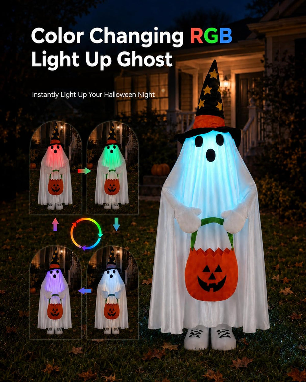 Outdoor Halloween Decorations Light Up Ghost, 37" Porch Decor RGB Lights
