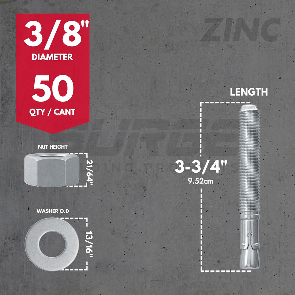 3/8" x 3-3/4" Zinc-Plated Wedge Anchors for Concrete & Cement (...