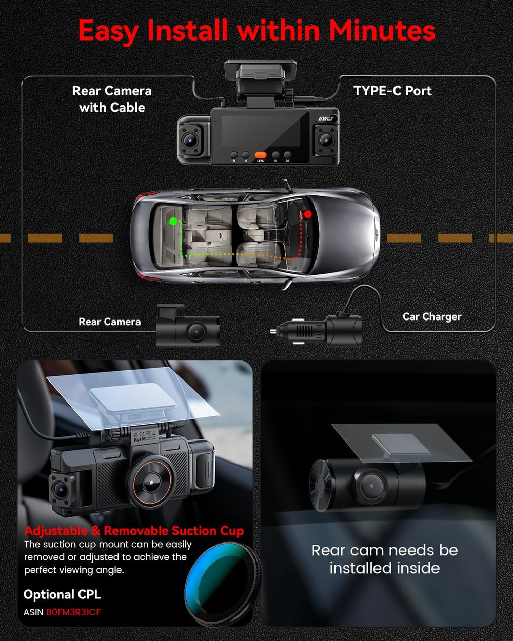 IIWEY N6 360° Dash Cam 4 Channel, Free 128GB Card, 8 IR Lights Night Vision