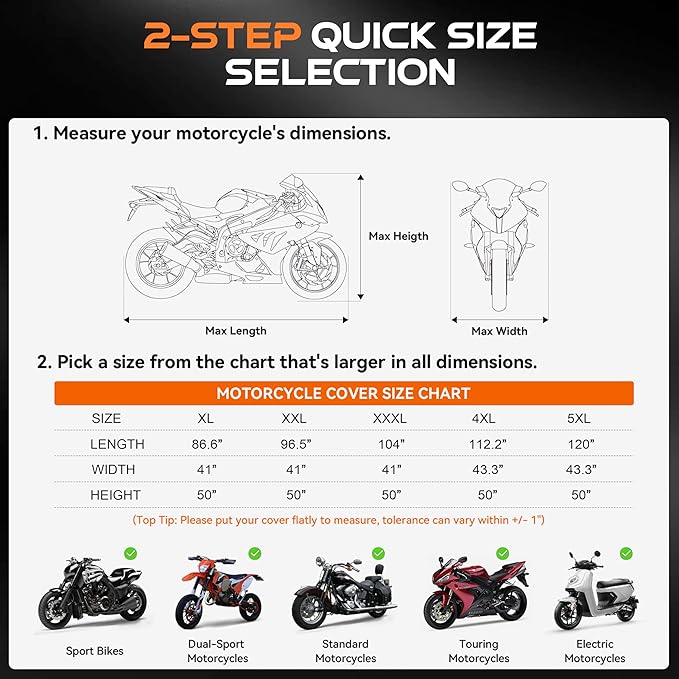 Motorcycle Cover Waterproof Outdoor, 300D Heavy Duty, UV & Rain Resistant