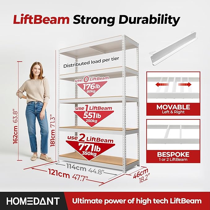 HOMEDANT White 5 Tier Laminated Boltless Heavy Duty Garage Storage Adjustable...