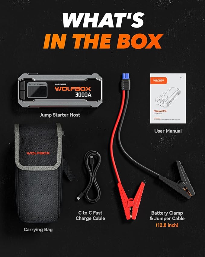 WOLFBOX 3000A Jump Starter, 12V Car Battery Jump Starter, 65W Quick Charge