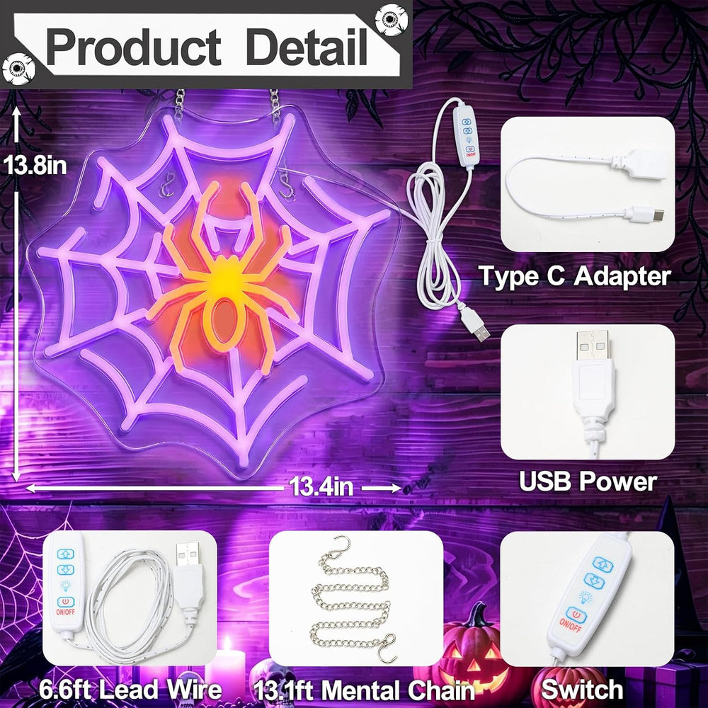 Halloween Window Decorations Lights, Spider with Web Led Neon Signs Indoor