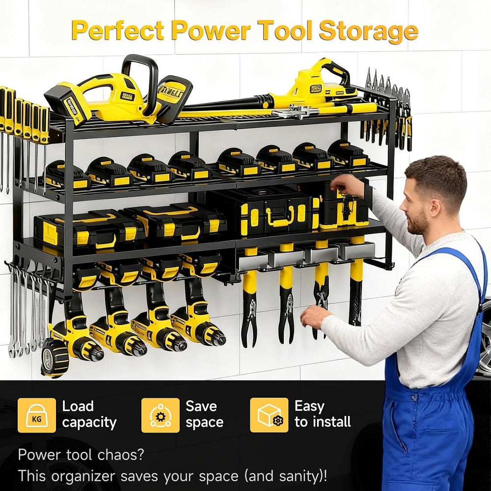 Heavy Duty 4-Tier Wall Mount Tool Rack, 8-Drill Holder & Charging Station...