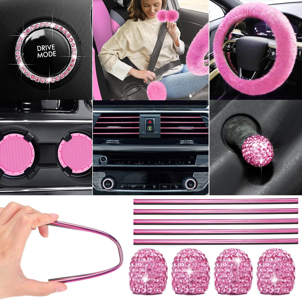 ROCEEI 43 Pcs Fuzzy Car Seat Cover Full Set Pink, Gray, Black