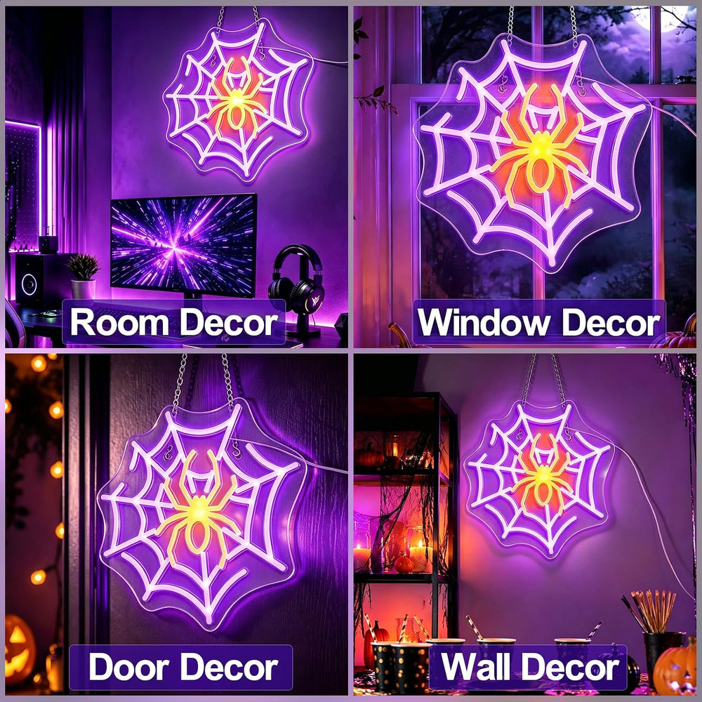 Halloween Window Decorations Lights, Spider with Web Led Neon Signs Indoor