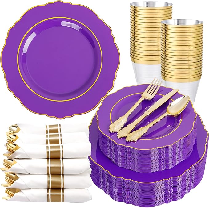 Liacere 350PCS Purple Plastic Plates-Disposable Purple and Gold Plates 50 gue...