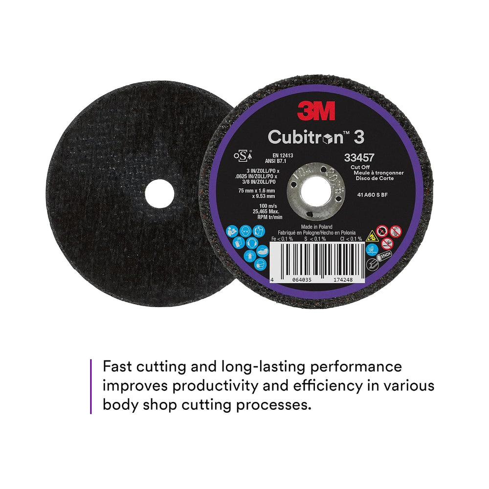 3M Cubitron 3 Cut-Off Wheel 33457, 3 in x 0.0625 in x 3/8 in, Long Lasting Pe...
