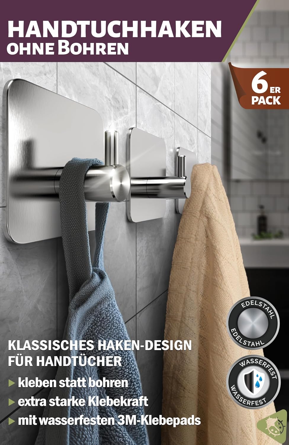 Menz Towel Rail No Drilling Classic Adhesive Hooks Set of 6 Silver