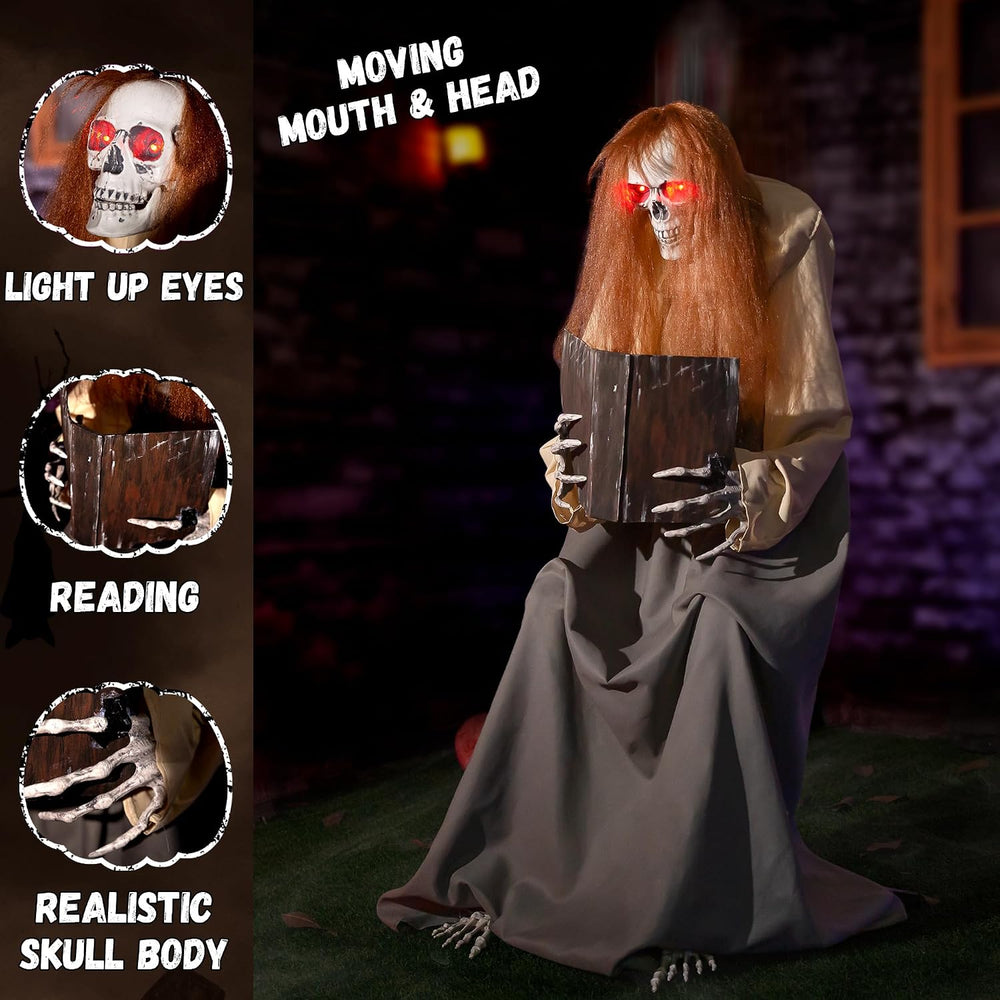 Halloween Animatronics Sitting Skeleton Ghost Decorations, 51'' Anima...