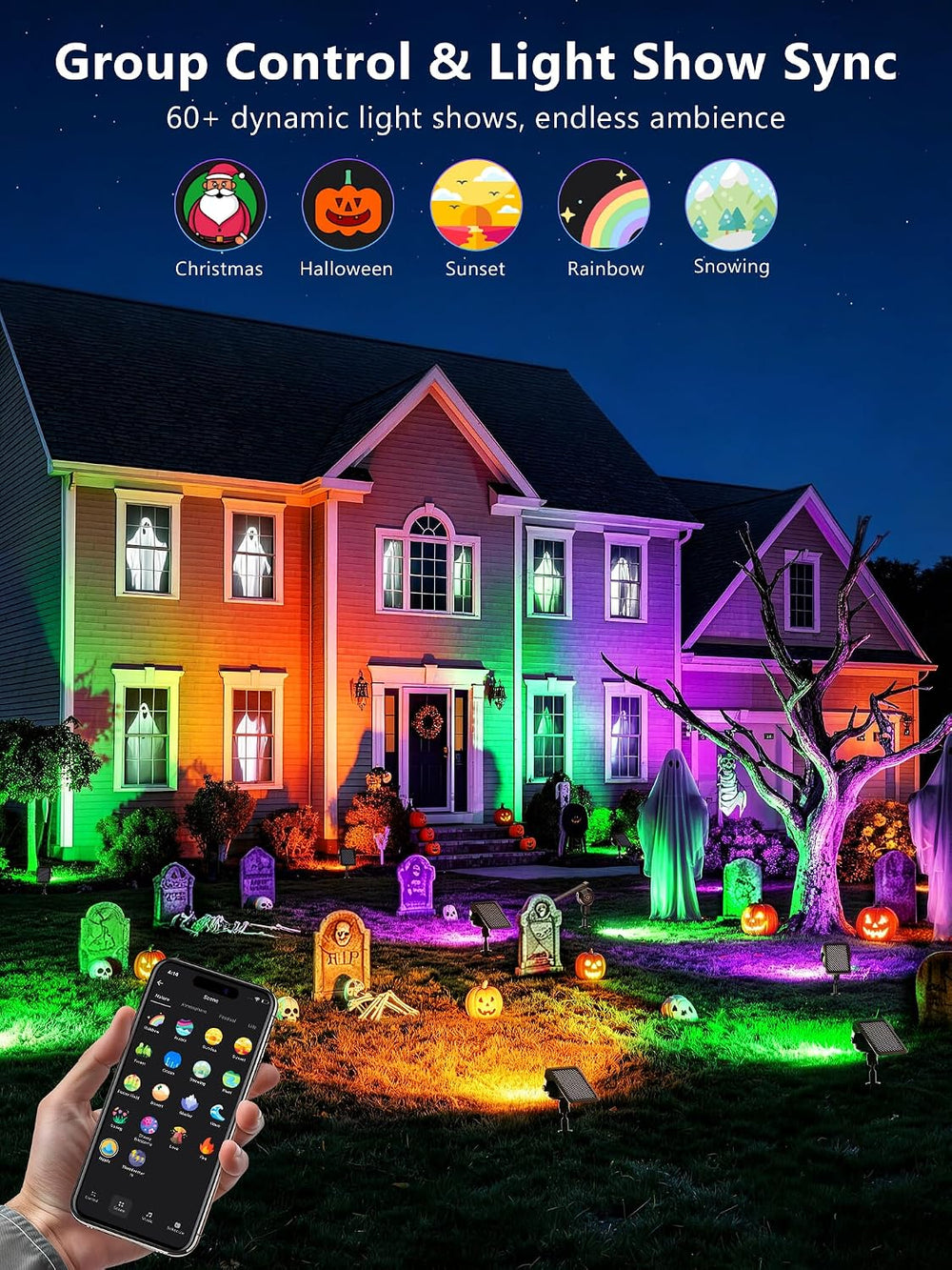 ODEETRONIC Smart Solar Spot Lights Halloween, Outdoor Yard RGBCW Spotlight