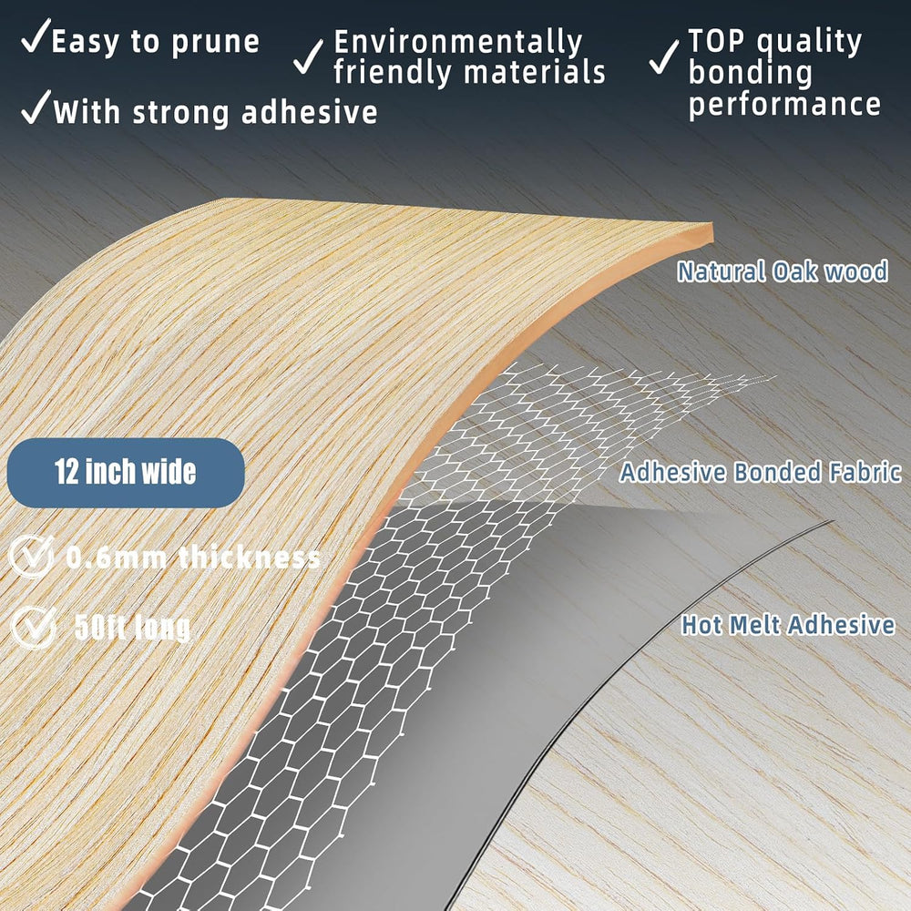 Oak Wood Veneer, 12 inch x 50ft Wood Edge Banding Pre-glued Flexible, Veneer ...