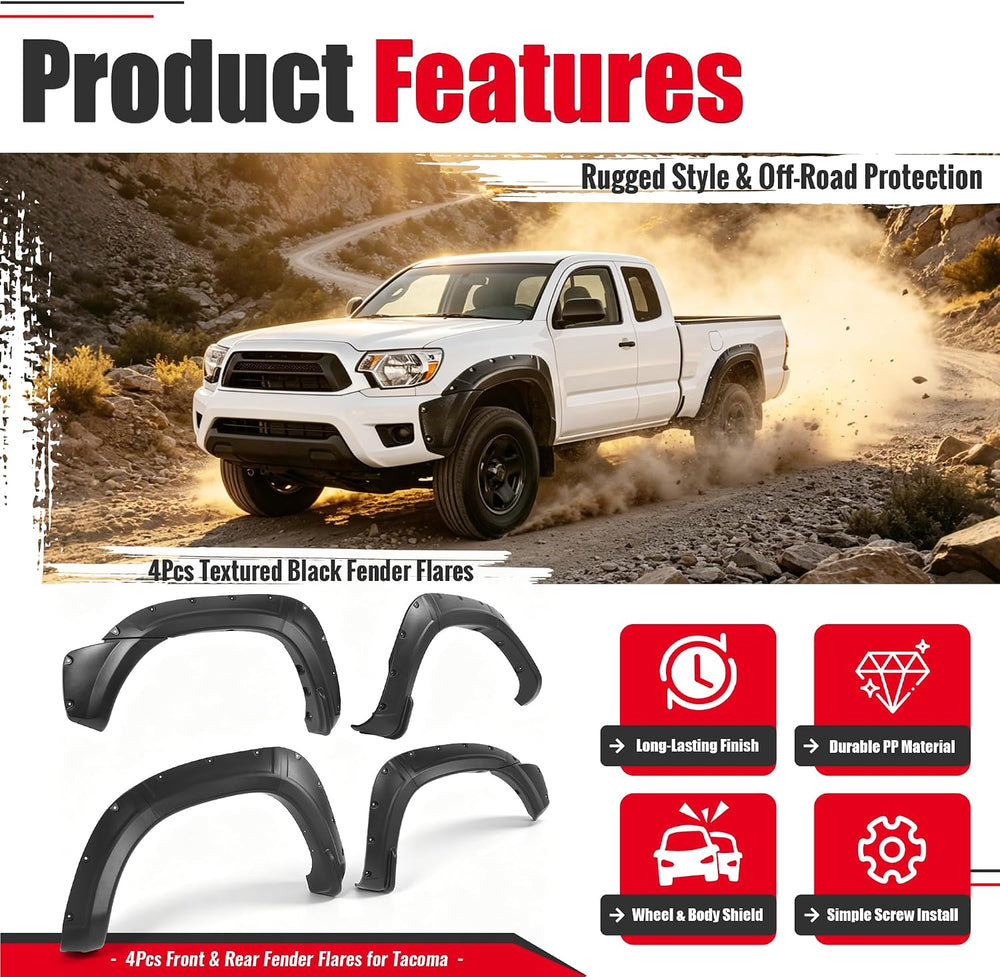 4Pcs Fender Flares Compatible with 2012-2015 Toyota Tacoma | Fleetside 6 FT (...