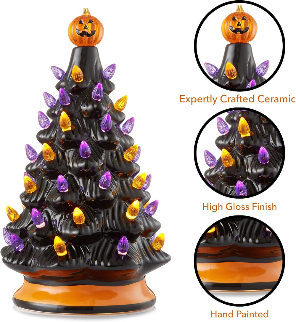Casafield Hand-Painted Ceramic Halloween Tree, Black 12-Inch Pre-Lit Decorati...