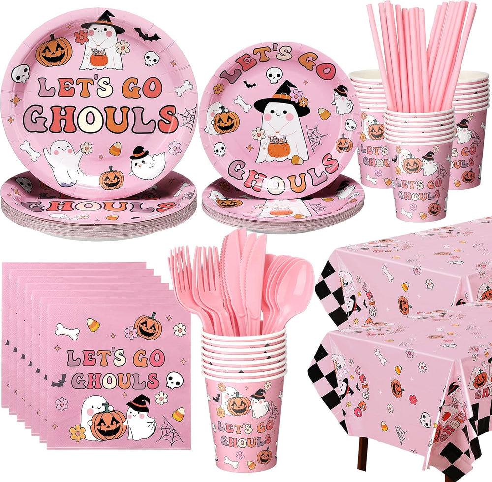 FoldTier 170 Pcs Pink Halloween Party Supplies Let's Go Ghouls Decorations
