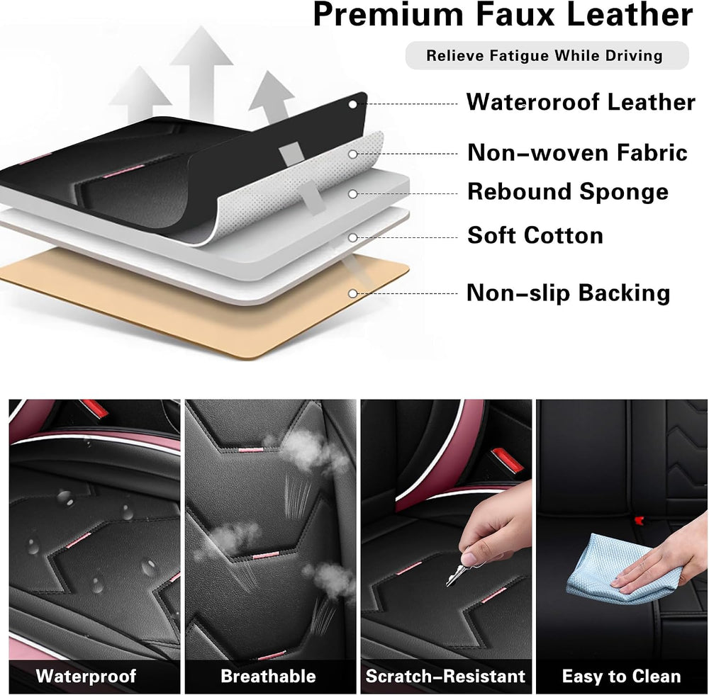otoez Leather Seat Covers Full Set for Cars, Universal Fit, Black & Pink