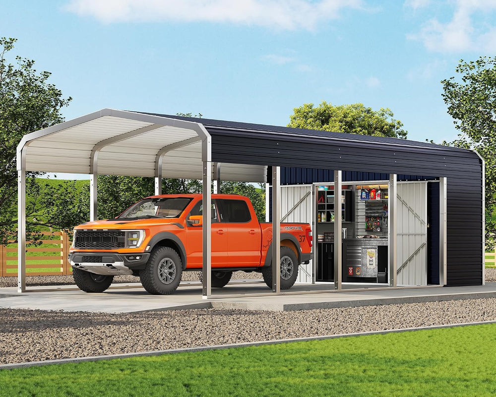 Jocisland 12x24 FT 2-in-1 Carport & Storage Shed, Galvanized Steel Roof