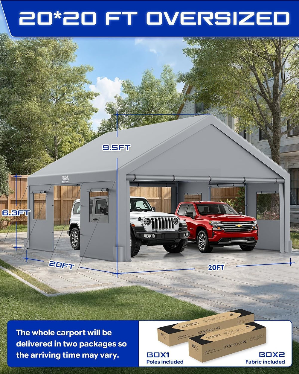 FANPAT 20x20 Heavy Duty Carport with Removable Sidewalls and Doors, Gray