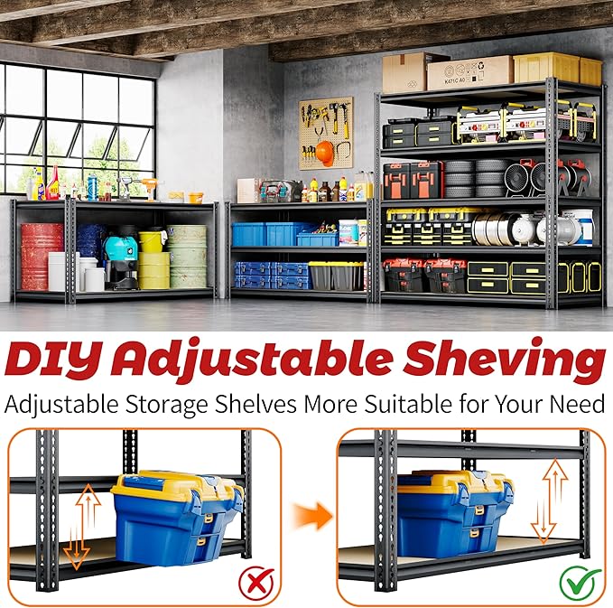 48"W Garage Shelving, 2650LBS Storage Shelves heavy duty, 5 Tier Metal S...