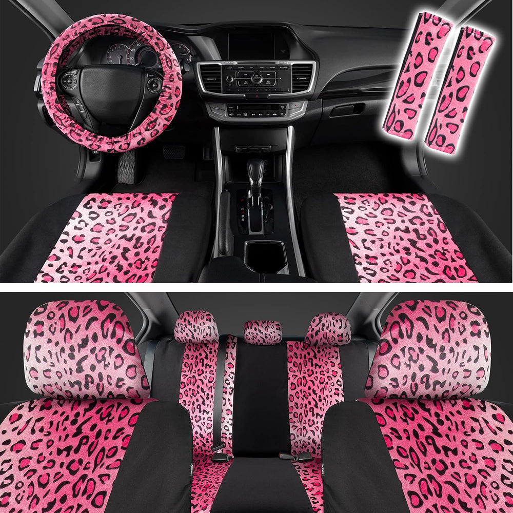 carXS Leopard Print Car Seat Covers Full Set, Includes Matching Seat Belt Pad...