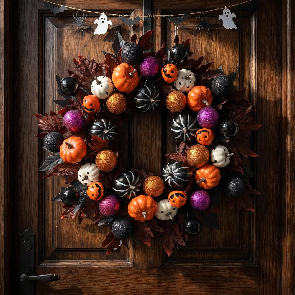 Halloween Ball Wreath for Front Door, 24" Pumpkin Fall Door Wreath