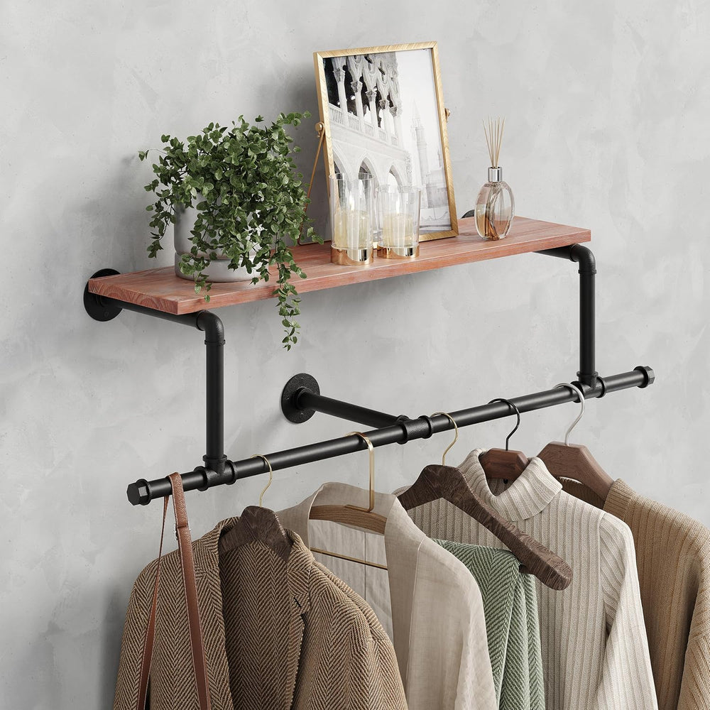 36In Industrial Pipe Clothing Rack with Top Shelf, Space-Saving Wall Mounted ...