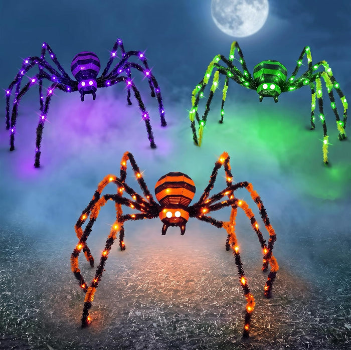 3 Pack Halloween Giant Spiders,4.1Ft Lighted Spider with 8 Lighting Modes