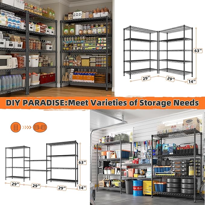 REIBII 5-Tier Wire Shelving Rack Storage Shelves Metal Shelves, 1020 LBS