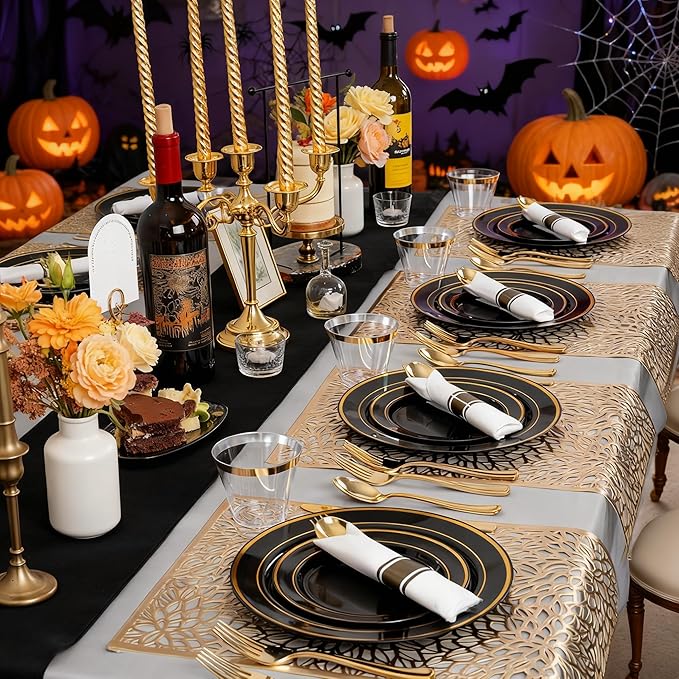 350 Pieces Black and Gold Plastic Plates with Disposable Silverware, Include ...