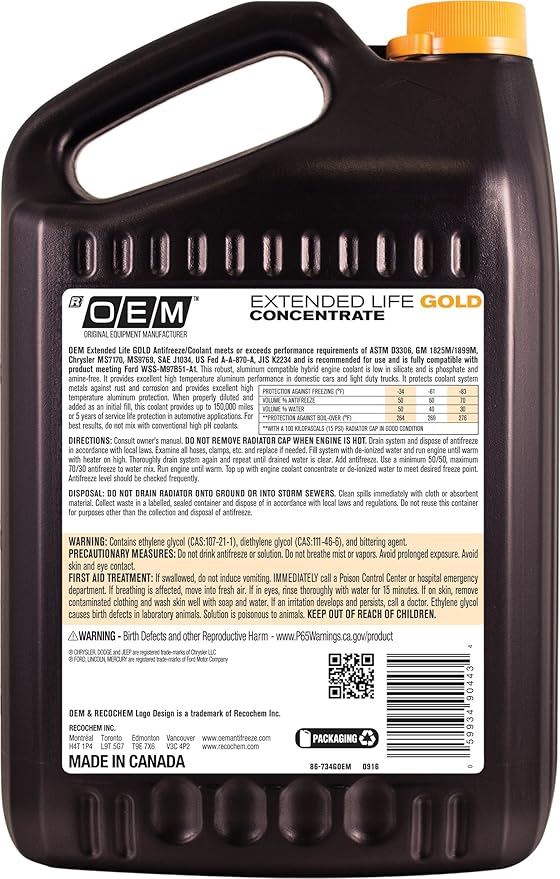 Recochem OEM 86-734GOEM Gold Premium Antifreeze Concentrate Extended Life GOLD