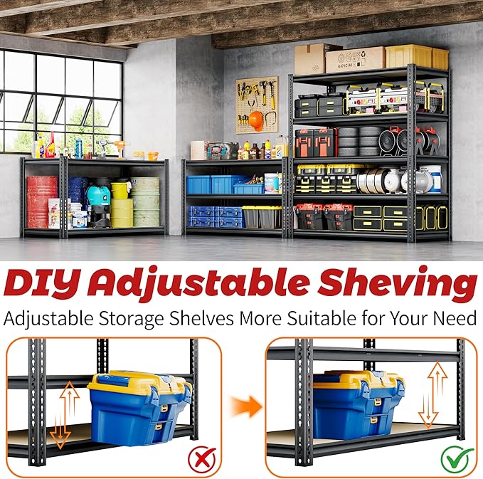 72"H Storage Shelves heavy duty, 2000LBS Garage Shelving, 5 Tier Metal S...