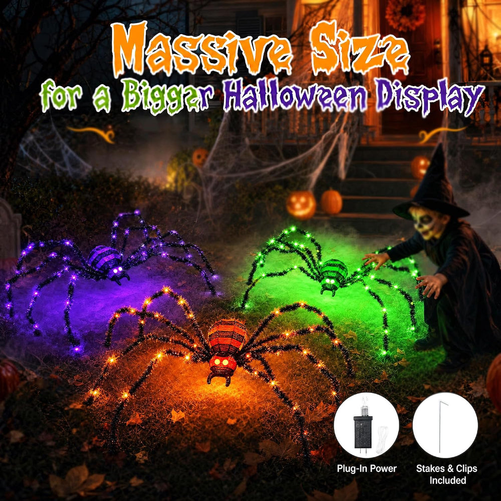 3 Pack Halloween Giant Spiders,4.1Ft Lighted Spider with 8 Lighting Modes