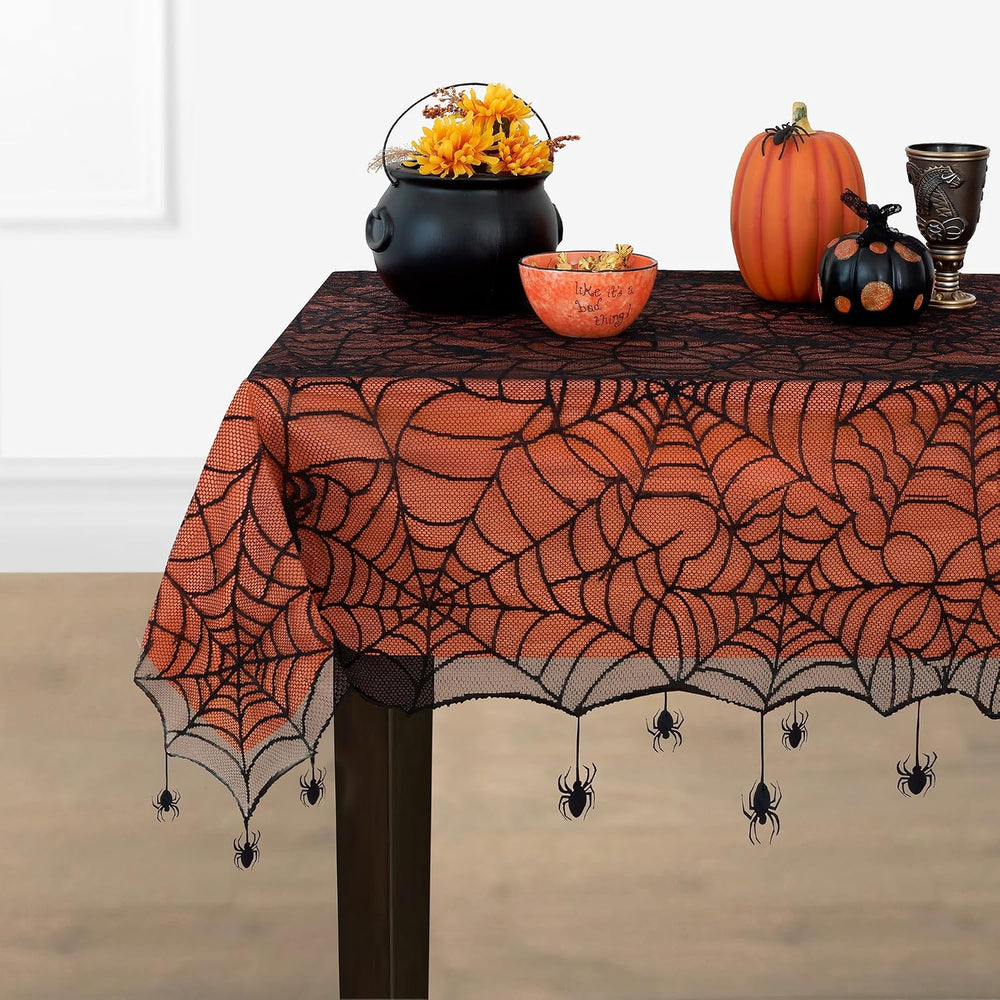 Crawling Web Lace Halloween Tablecloth with Orange Liner, Black - 52" W ...