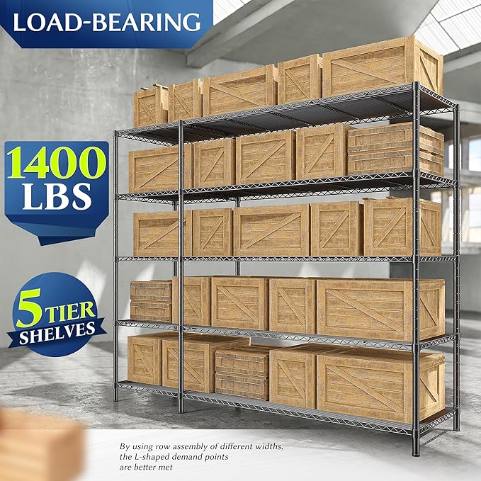 52.36" W Storage Shelves Metal Shelving Unit Load 1400LBS 5 Tier Wire Ra...