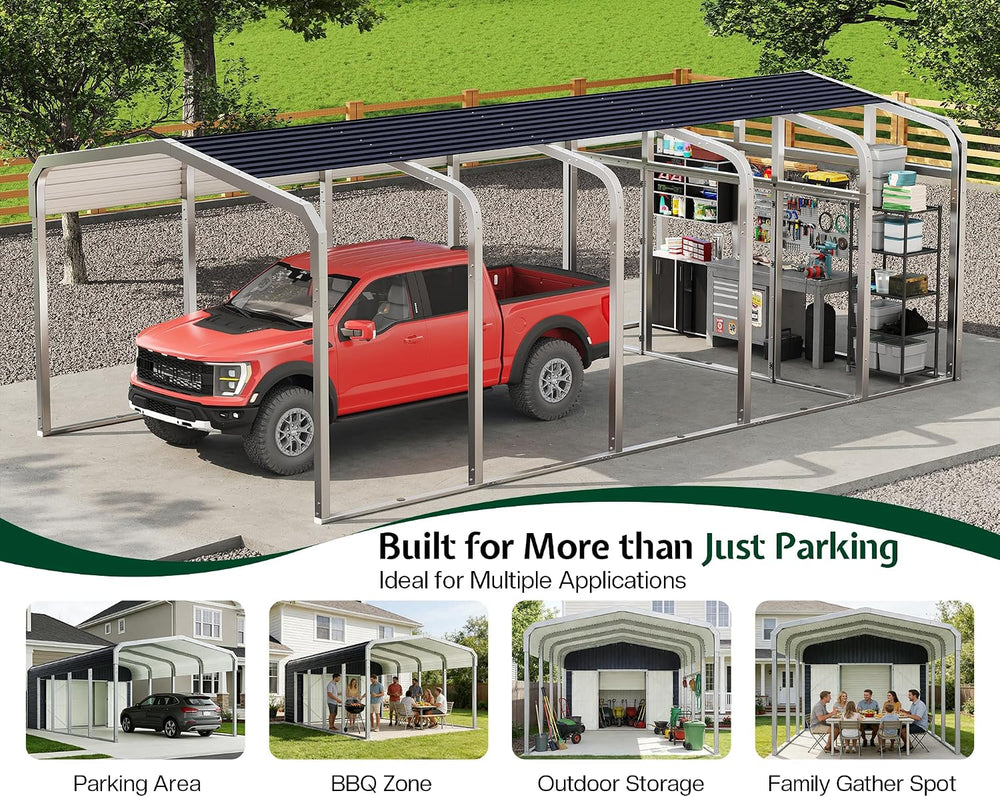 Jocisland 12x24 FT 2-in-1 Carport & Storage Shed, Galvanized Steel Roof