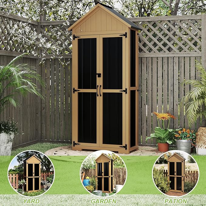 Outdoor Storage Cabinet with Shelf, Wood & Metal Storage Shed with Lockable