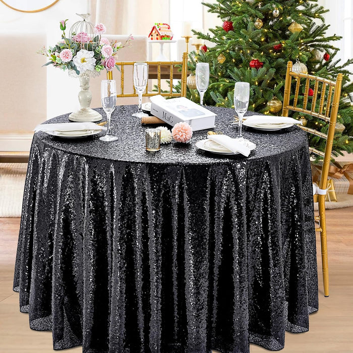 B-COOL Round Tablecloth 120 Inch Black Sequin Table Cloth Glitter Table Cover for Holiday Banquet Dining Wedding Halloween Christmas Party Decoration