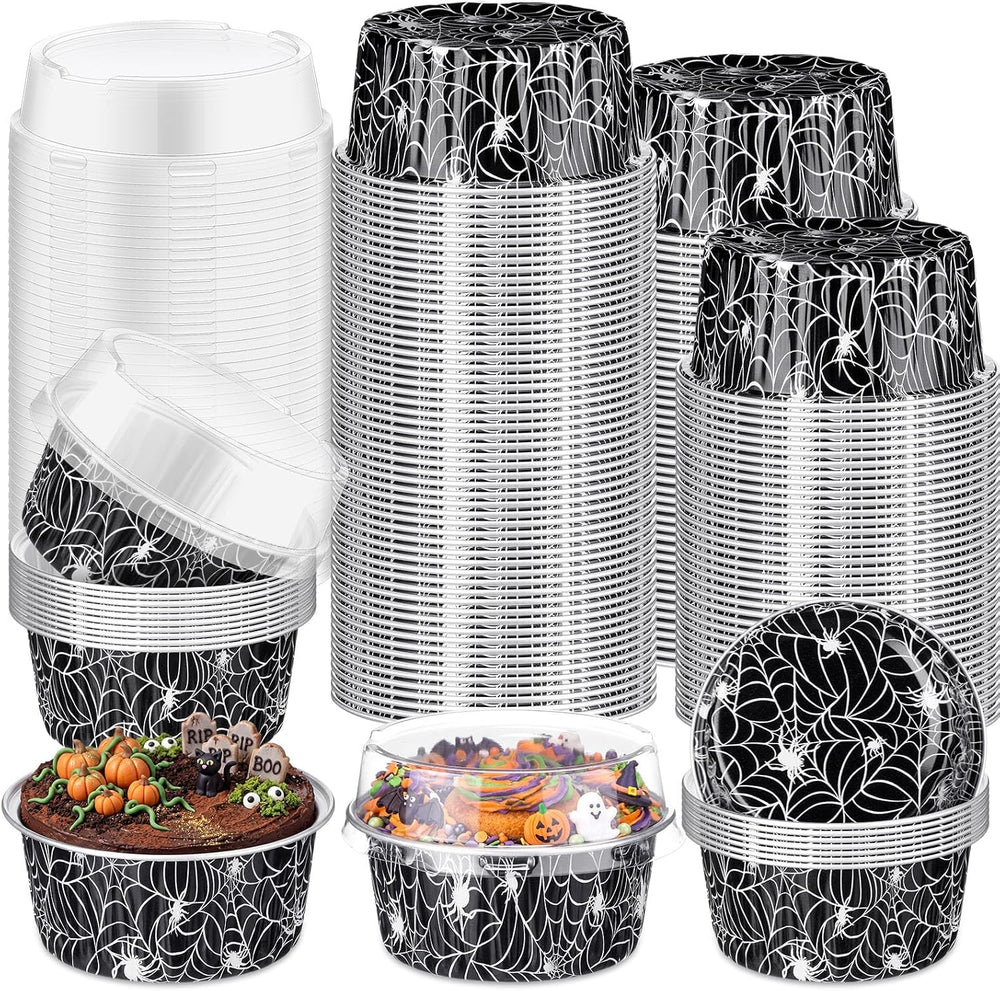 Potchen 200 Pcs Halloween Spiderweb Foil Cake Cup with Lid, 5 oz Baking Cup